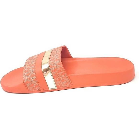Michael Kors Brandy Metallic Striped Logo Slide Sandal Poppy 5/7 Nib $85 - Picture 3 of 4